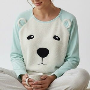 Adorable Breakfast in Bed Polar Bear Fleece Pajama Top Womens Size L